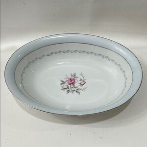 Regency Japan Oval Serving Bowl White Blue Pink Rose Silver 10 1/2 X 7 3/4 In